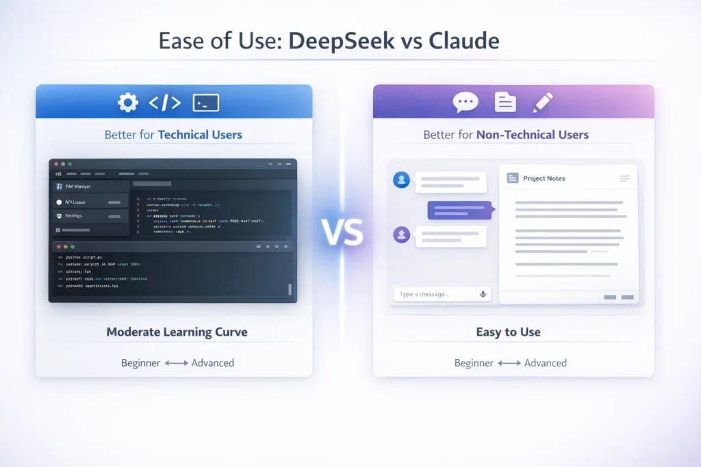 DeepSeek vs Claude ease of use comparison technical vs beginner friendly AI tools