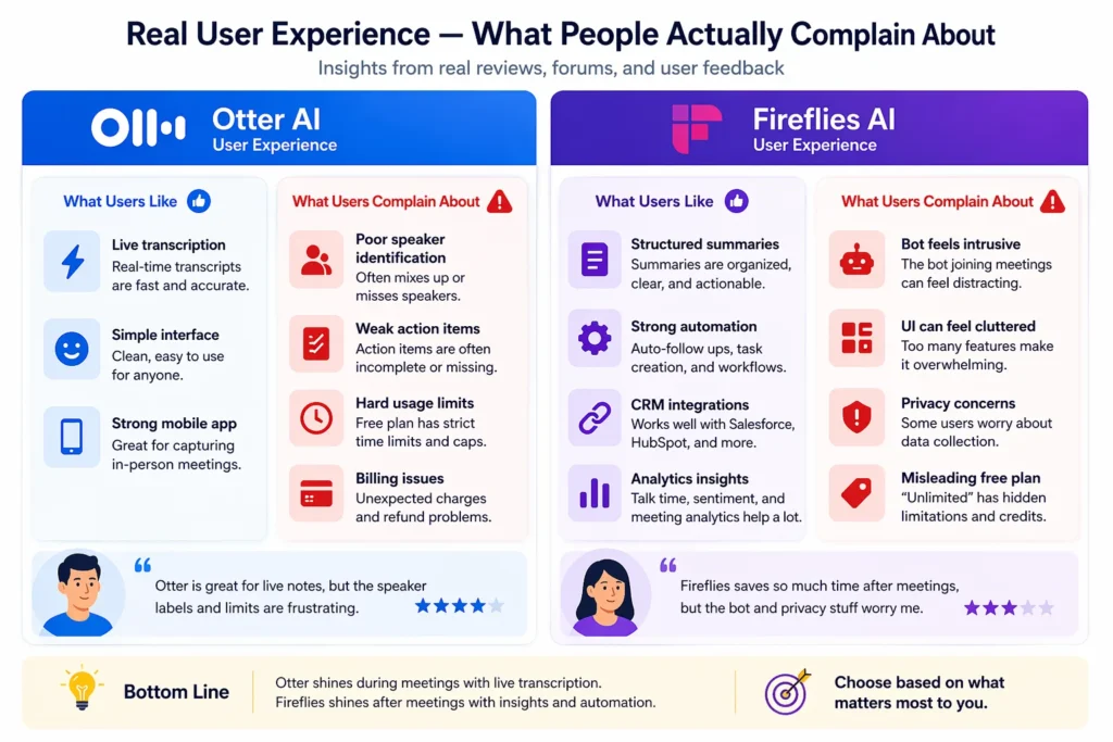 Otter AI vs Fireflies AI pros and cons infographic